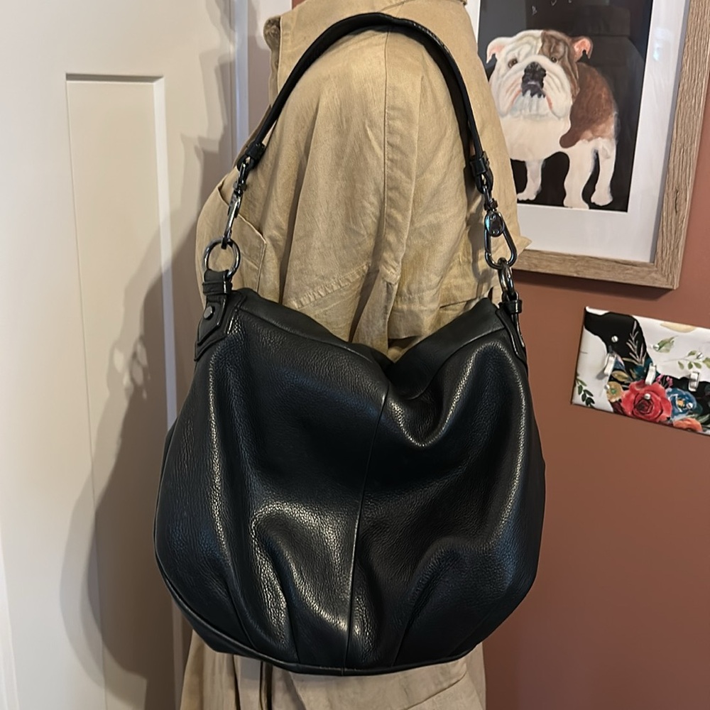 Margot Adelle Black Leather shoulder zipper 2-compartments flap pockets purse - Picture 5 of 16